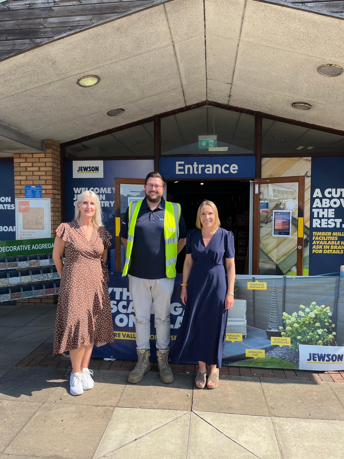 Jewson 1 L-R Adele Nightingale (Oswestry BID), Andrew Banks (Jewson), Helen Morgan MP